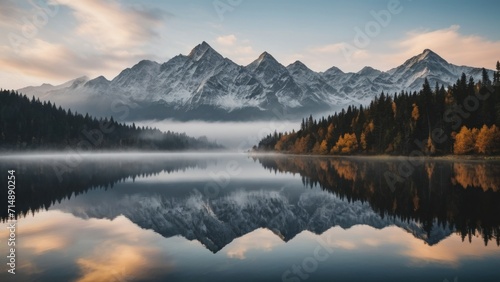Mountains Reflected onto Water on Beautiful Foggy Day  generative  AI.