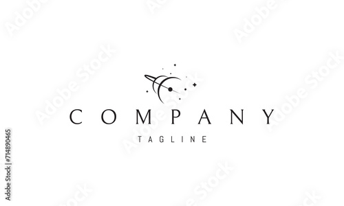 A vector logo with an abstract image of two planets with an orbit against a background of stars.