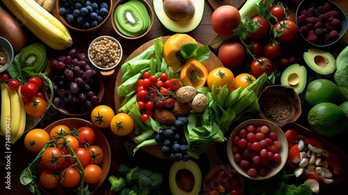 Fresh vegetables on the table, a bright assortment of fresh vitamins, top view. Ingredients for desserts and side dishes. Concept: healthy eating and snacks 
