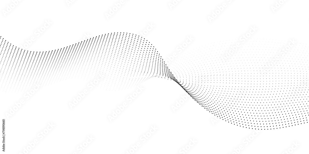 Abstract flowing dots particles wave curved lines on transparent background. Black halftone gradient smooth curve line shape background. Design for frequency sound, technology, science, banner - obrazy, fototapety, plakaty 