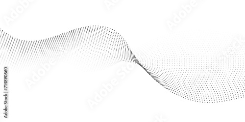 Abstract flowing dots particles wave curved lines on transparent background. Black halftone gradient smooth curve line shape background. Design for frequency sound, technology, science, banner