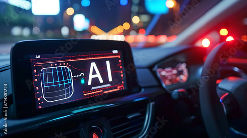 A sleek car dashboard with "AI" as part of its digital display, artificial intelligence, blurred background, with copy space
