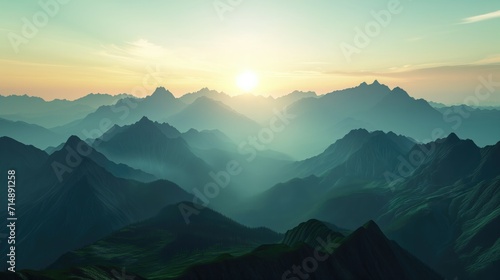 Leinwand Poster misty sunrise silhouette over a mountain range, pastel colours