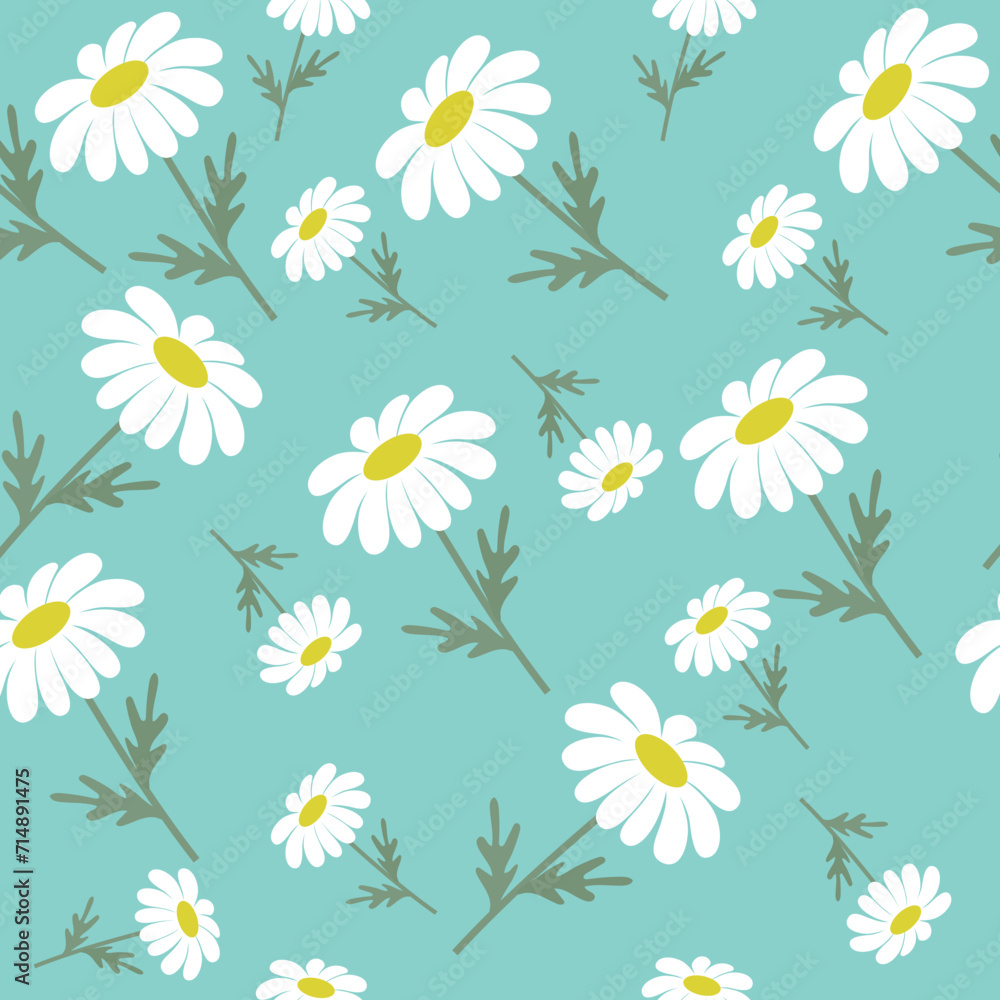 Obraz premium Chamomile flowers seamless pattern. Meadow background, great for spring or summer textiles, banners, wallpaper, wrapping