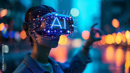 "AI" at the center of a virtual reality experience, artificial intelligence, blurred background, with copy space