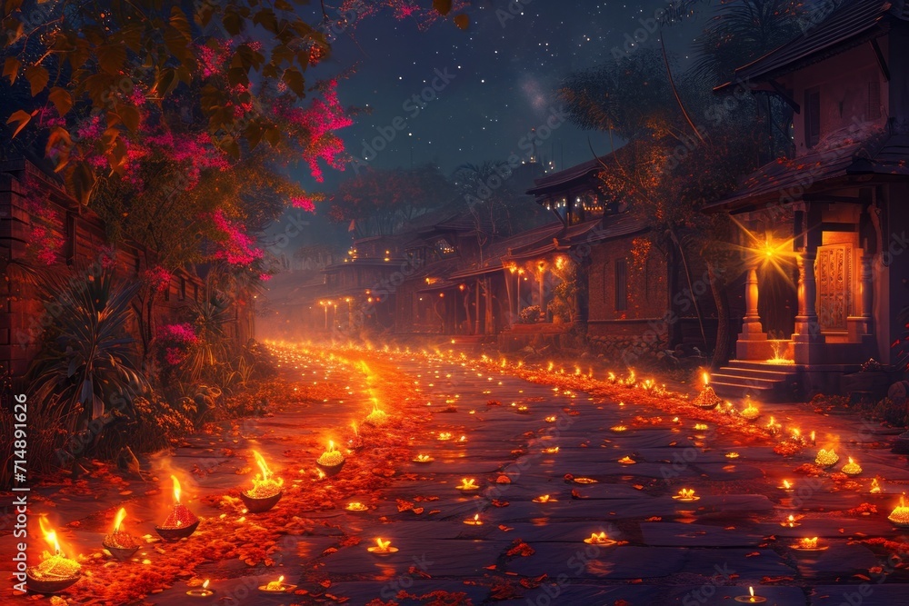Enchanted Pathway Lit by Diyas During Festival of Lights