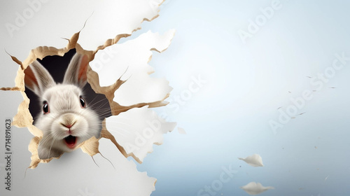 copy space, illustration, Easter bunny poster peeking out of a hole in the wall with copy space, rabbit jumps out of a torn hole. Beautiful background for easter. Easter rabbit illustration with space