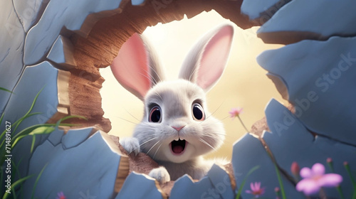 copy space, illustration, Easter bunny poster peeking out of a hole in the wall with copy space, rabbit jumps out of a torn hole. Beautiful background for easter. Easter rabbit illustration with space