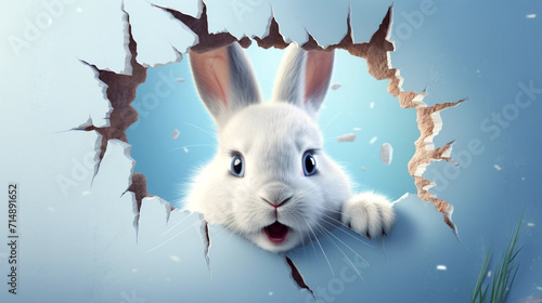 copy space, illustration, Easter bunny poster peeking out of a hole in the wall with copy space, rabbit jumps out of a torn hole. Beautiful background for easter. Easter rabbit illustration with space