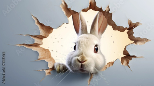 copy space, illustration, Easter bunny poster peeking out of a hole in the wall with copy space, rabbit jumps out of a torn hole. Beautiful background for easter. Easter rabbit illustration with space