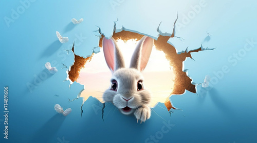 copy space, illustration, Easter bunny poster peeking out of a hole in the wall with copy space, rabbit jumps out of a torn hole. Beautiful background for easter. Easter rabbit illustration with space