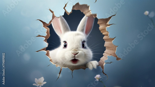 copy space, illustration, Easter bunny poster peeking out of a hole in the wall with copy space, rabbit jumps out of a torn hole. Beautiful background for easter. Easter rabbit illustration with space