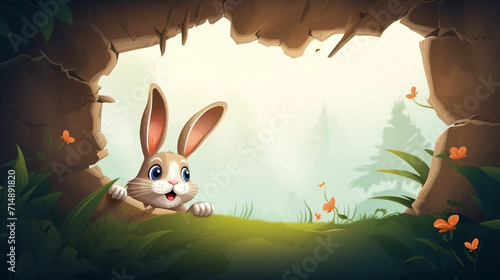 copy space, illustration, Easter bunny poster peeking out of a hole in the wall with copy space, rabbit jumps out of a torn hole. Beautiful background for easter. Easter rabbit illustration with space