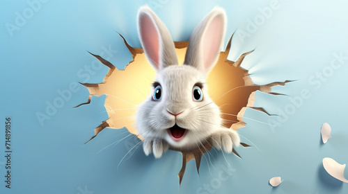copy space, illustration, Easter bunny poster peeking out of a hole in the wall with copy space, rabbit jumps out of a torn hole. Beautiful background for easter. Easter rabbit illustration with space