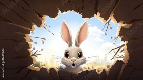 copy space, illustration, Easter bunny poster peeking out of a hole in the wall with copy space, rabbit jumps out of a torn hole. Beautiful background for easter. Easter rabbit illustration with space