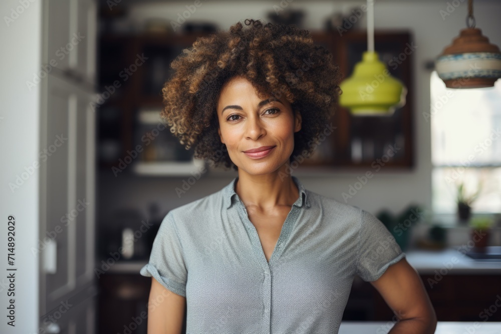 Smiling fit woman standing in kitchen with fresh produce on shelves Smiling fit woman standing in kitchen with fresh produce on shelves