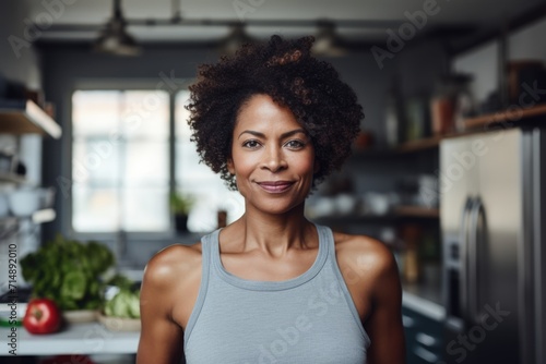 Smiling fit woman standing in kitchen with fresh produce on shelves