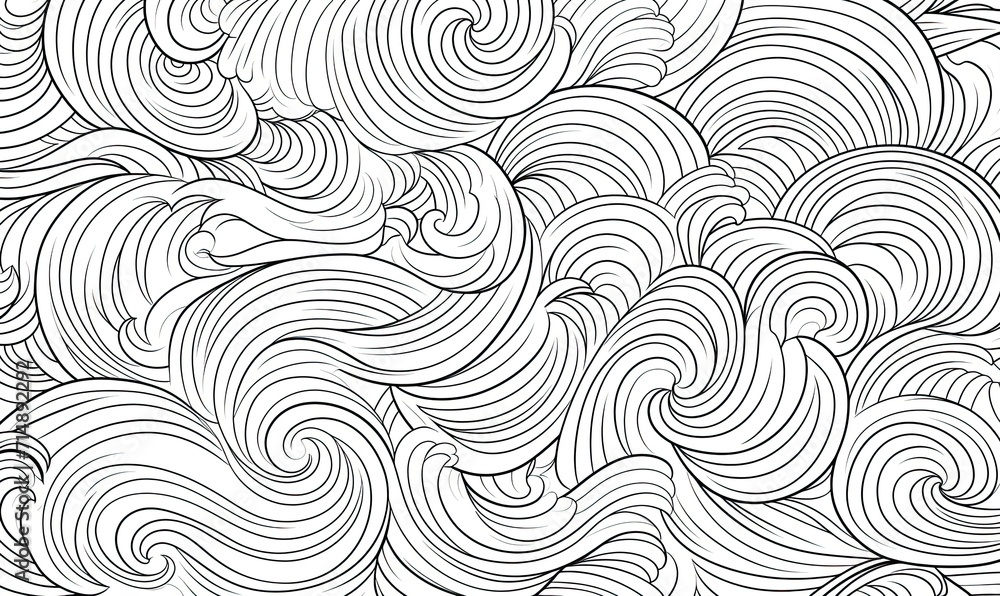 A black and white drawing of clouds and waves