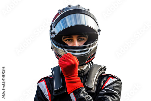 Race driver posing with a helmet on white background © thejokercze