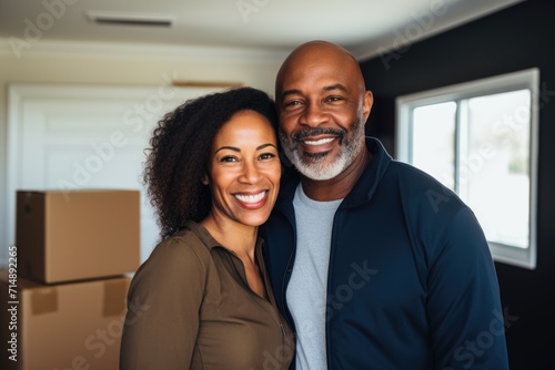 Smiling portrait of a middle aged couple at home after moving in