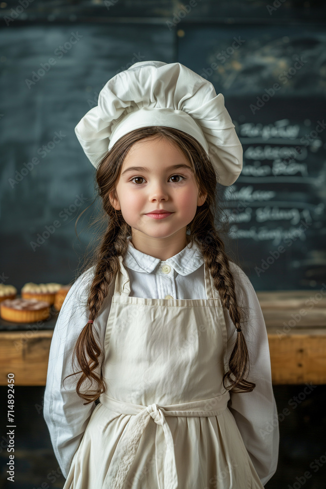 Smiling kid wearing pastry chef outfit. Little girl wearing a pastry