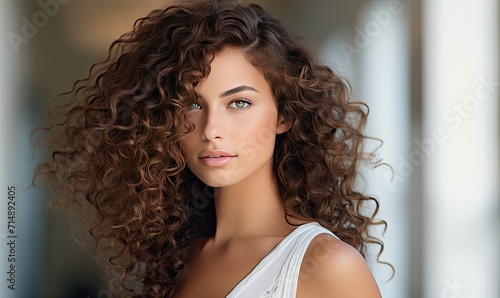A beautiful young woman with curly hair posing for a picture photo
