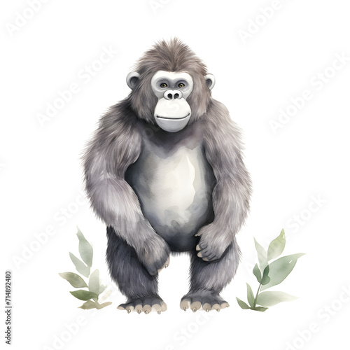 gorillal in a zoo, a baby with a furry face, watercolor clip art in transparent back ground © busrin