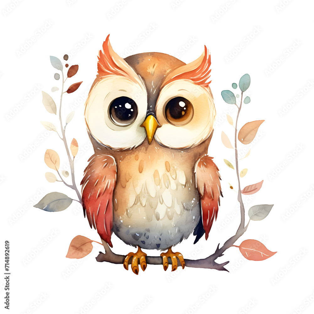 Wise Brown Owl Perched on a Tree Branch in a Cartoon-style watercolor clip art of Nature's Wildlife, Featuring Cute Character Design and Artistic Drawing with Night Eyes Wise Brown Owl Perched on a Tree Branch in a Cartoon-style watercolor clip art of Nature's Wildlife, Featuring Cute Character Design and Artistic Drawing with Night Eyes