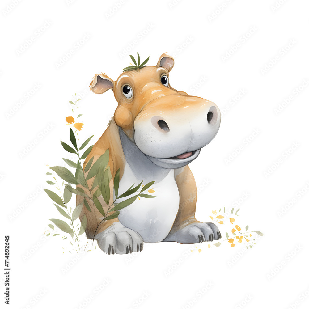 Naklejka premium Hippopotamus cartoon watercolor clip art illustration of a cute and funny cow adorned with a flower 