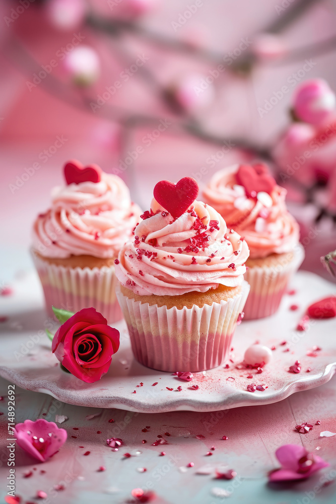 homemade valentines day date wedding engagement cupcakes muffins treats in romantic pink red colours with frosting heart shaped sprinkles in magazine editorial look bakery baked 