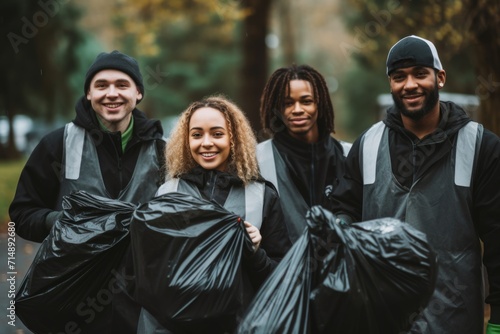 Portrait of diverse volunteers holding trash bags photo