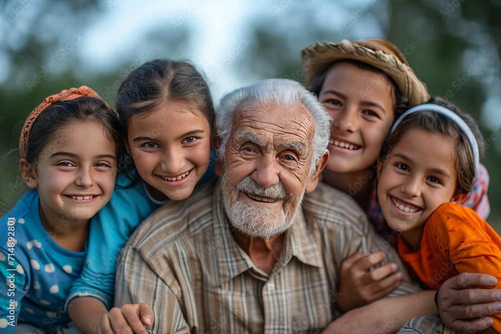 Joyful Grandfather with Smiling Grandchildren Outdoors

