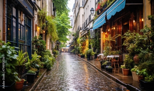 A cobblestone street lined with potted plants