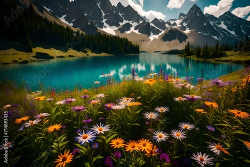 lake and mountains beautiuful scene photo