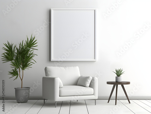 Living room with chair and blank white frame mockup on the wall