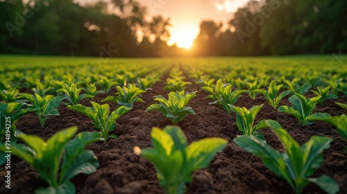 Lush Green Crop Field under a Clear Blue Sky: A Symbol of Agricultural Abundance and Farming Prosperity