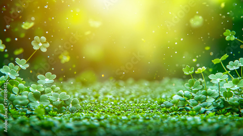 Green clover leaves on green grass with sunlight and bokeh background