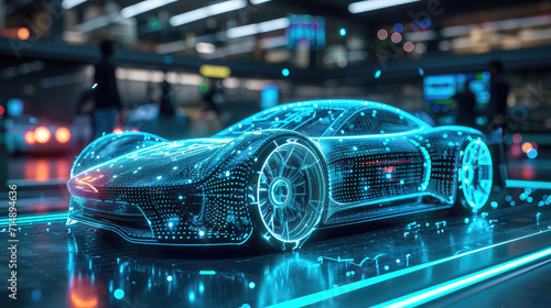 Blue hologram of a futuristic concept car in a modern facility. © Tiz21