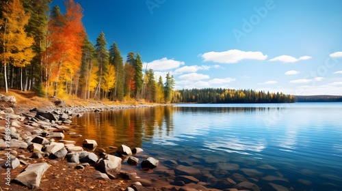 Concept of Serene Nature.Autumn sunrise over a peaceful lake