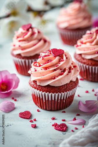 homemade valentines day date wedding engagement cupcakes muffins treats in romantic pink red colours with frosting heart shaped sprinkles in magazine editorial look bakery baked  © MaryAnn