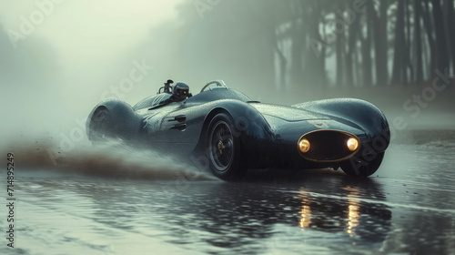 A classic racer speeding on a wet forest road.