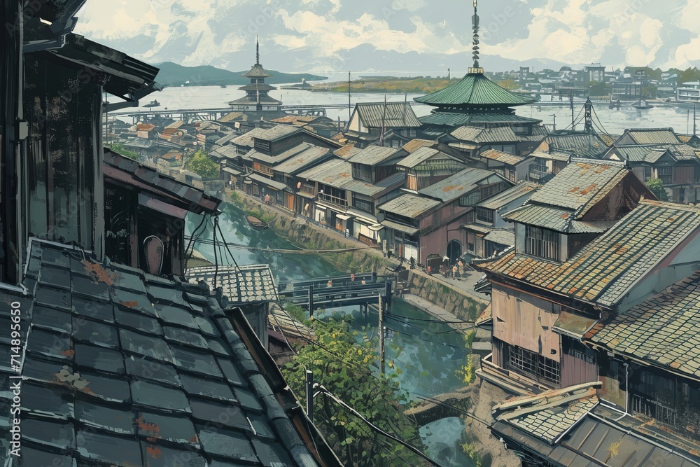 Fototapeta premium Scenic View of a Traditional Japanese Riverside Town