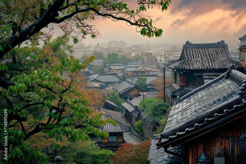 Scenic View of a Traditional Japanese Riverside Town