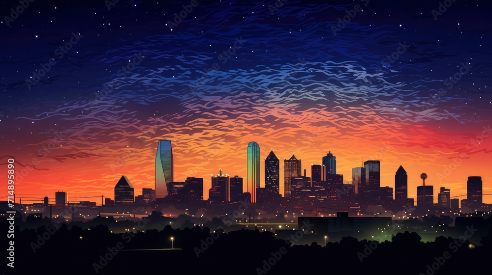 Nighttime Painting of City Skyline, Illuminated Urban Landscape Nighttime Painting of City Skyline, Illuminated Urban Landscape