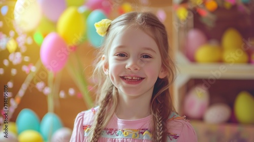 A delightful scene of a cute and joyful girl celebrating Easter, surrounded by vibrant Easter eggs and cheerful decorations