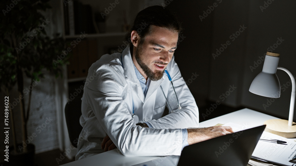Young hispanic man doctor having video call smiling at the clinic Young hispanic man doctor having video call smiling at the clinic