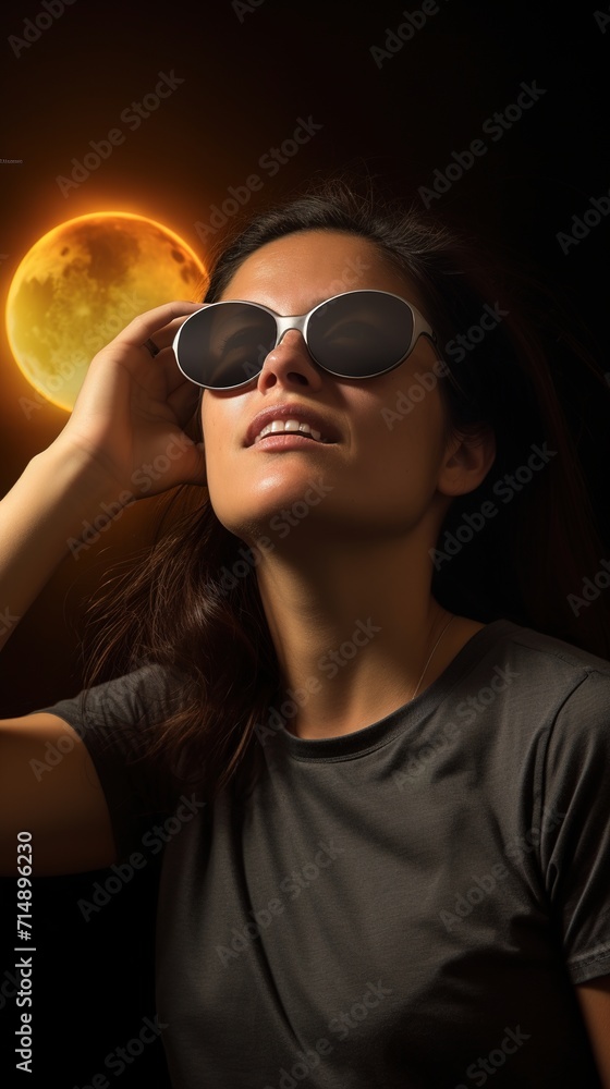 Laughing young Caucasian woman in special sunglasses looks at the sky and solar eclipse, excitedly watching phenomenon - obrazy, fototapety, plakaty 