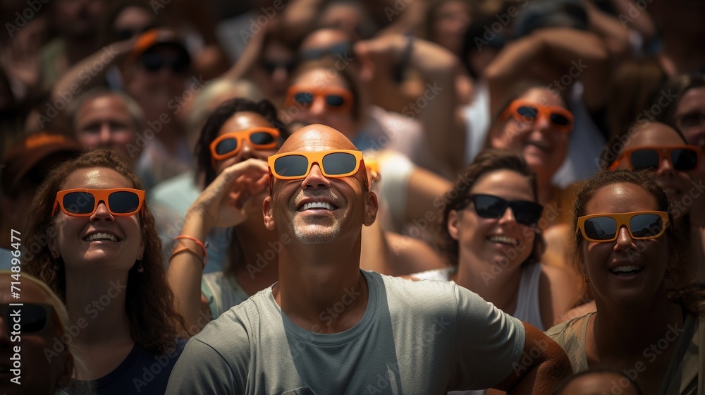 crowd of different people gathers in special sunglasses,looks at the solar eclipse and laughs,unique natural phenomenon - obrazy, fototapety, plakaty 