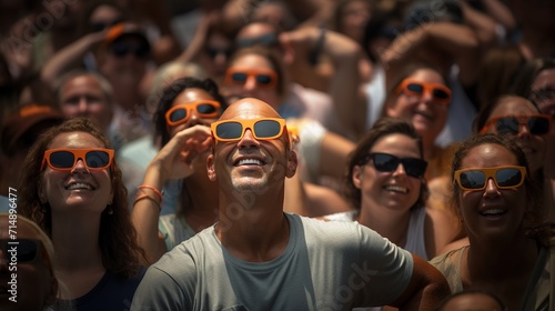 crowd of different people gathers in special sunglasses,looks at the solar eclipse and laughs,unique natural phenomenon photo