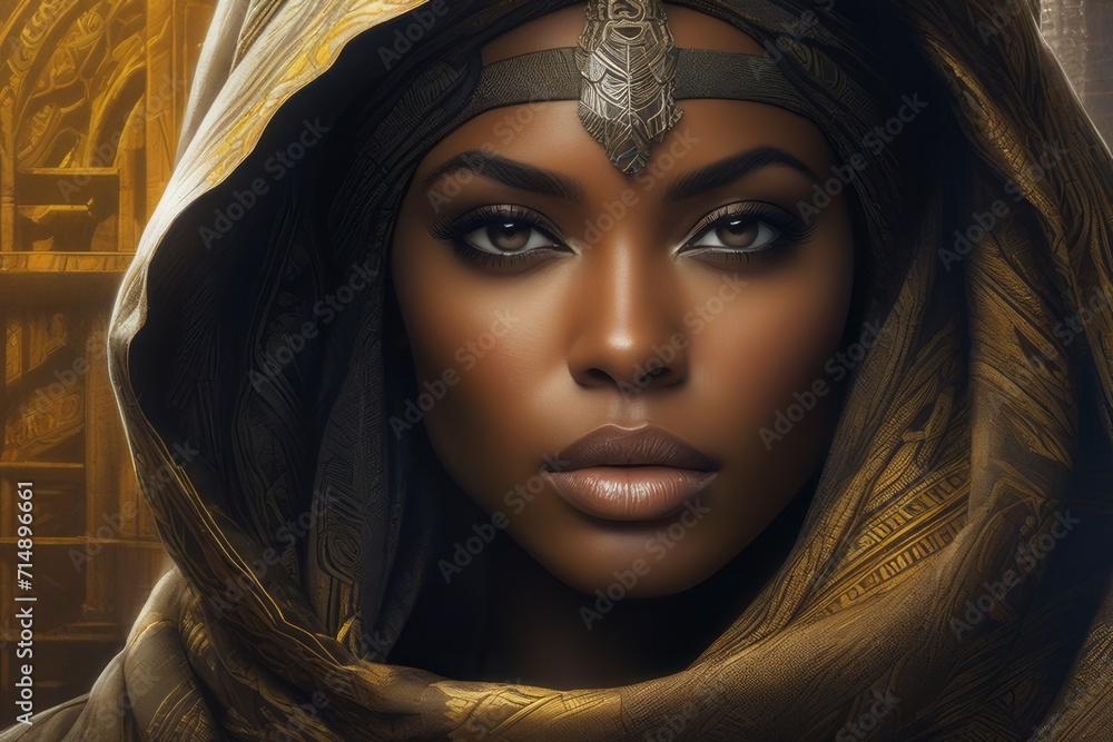 Mulher negra jovem vestindo um capuz e adereços, imagem gerada com ia. Mulher negra jovem vestindo um capuz e adereços, imagem gerada com ia.